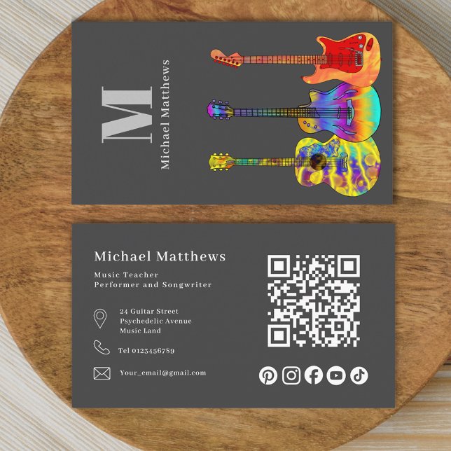 Cartão De Visita Professor de Violão Código QR e Mídia Social (Modern guitar music teacher professional musician qr code social media Business card Charcoal gray )