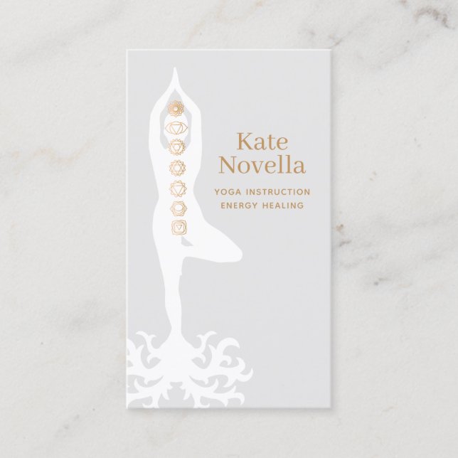 Cartão De Visita Professor de Yoga, ganha-se com Raízes e Chakras (Frente)