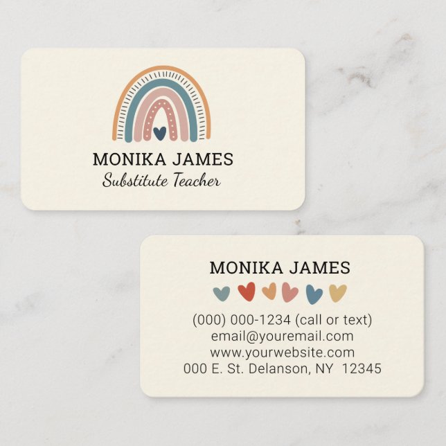 Cartão De Visita Professor substituto bonito Cream Boho Arco-íris (Frente/Verso)
