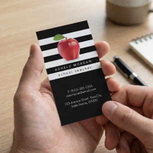 Cartão De Visita Professora Apple Elegante Black White Strips