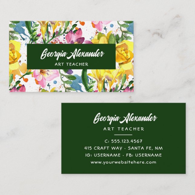 Cartão De Visita Professora de Arte Floral Moderna Trendy Watercolo (Frente/Verso)
