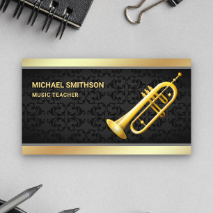 Cartão De Visita Professora de Música de Tumpete Gold Black Damask