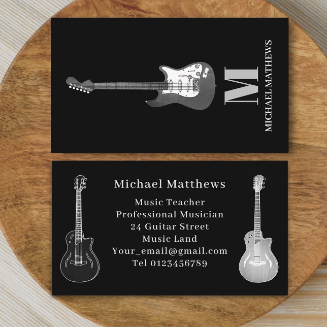 Cartão De Visita Professora de Música de Violão de Músicos Profissi (Modern Guitar music tutor professional musician black gray Business card simple minimalist design)