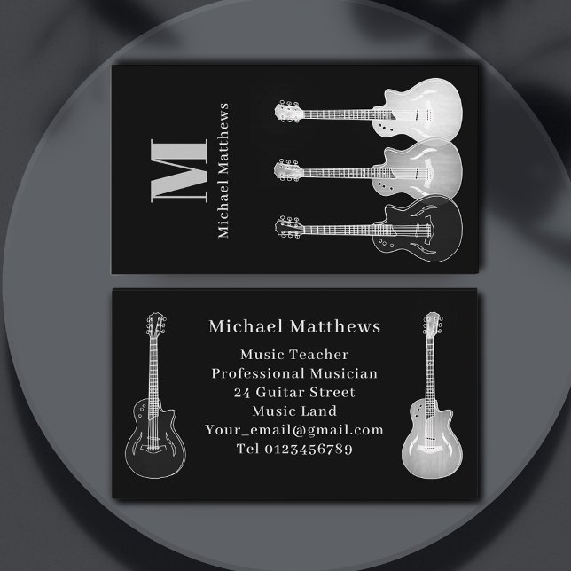 Cartão De Visita Professora de Música de Violão de Músicos Profissi (Music teacher professional musician black and white guitar business card)