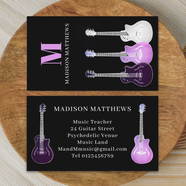 Cartão De Visita Professora De Música Musical De Violão Preto-Rosa (Simple Guitar music teacher professional musician pink and black Business card Semi acoustic art)