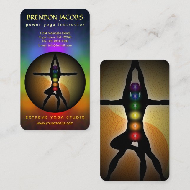 Cartão De Visita Professora Instrutora Yoga Chakras Manly Pose (Frente/Verso)