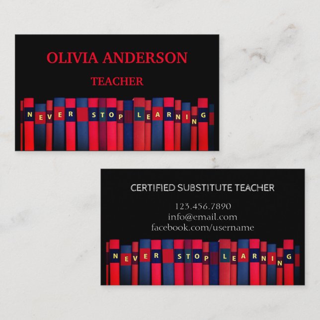 Cartão De Visita Professora | NUNCA PARE DE APRENDER (Frente/Verso)