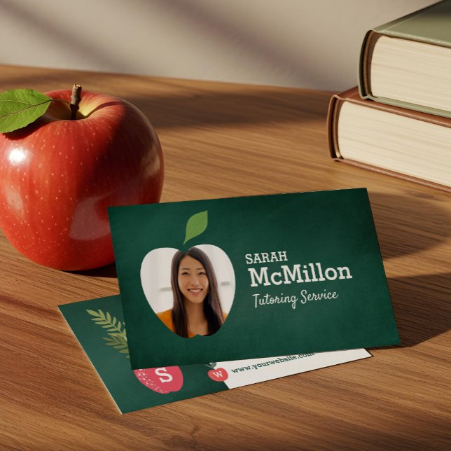 Cartão De Visita Professora Tutoring Green Chalkboard Apple Foto (Teacher Tutoring Green Chalkboard Apple Photo Business Card)
