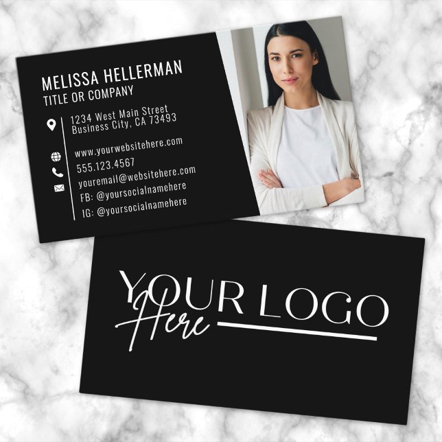 Cartão de Visita Profissional com Logo de Foto Mod (Black Modern Photo Logo Professional Business Card)