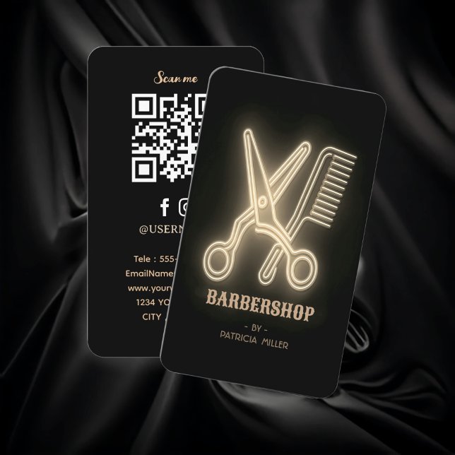 Cartão de visita profissional de Barbershop preto  (Enhance your professional image with our exclusive Business Card featuring gold barber's scissors.)
