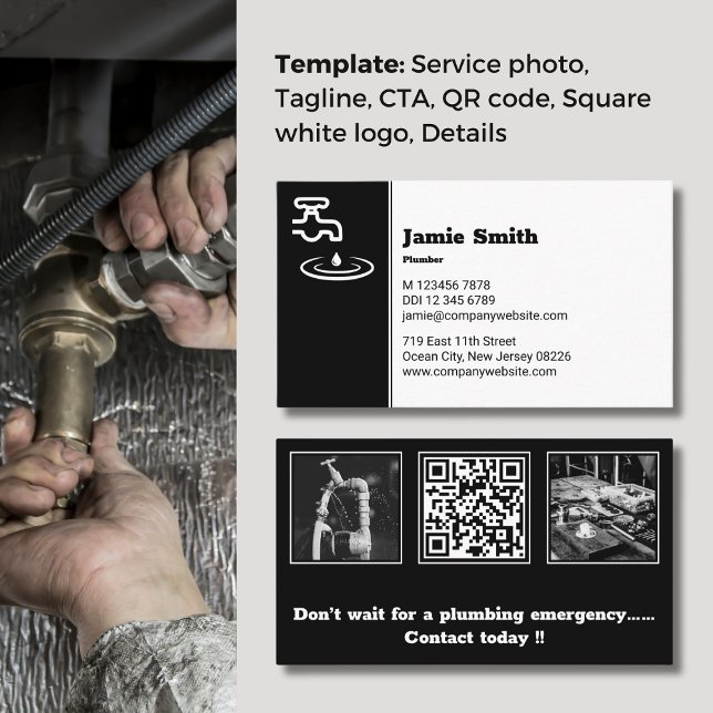 Cartão de visita profissional de canalizador preto (Professional Black & White Plumber Business Card, Photos, Logo, QR code, Slogan, CTA)