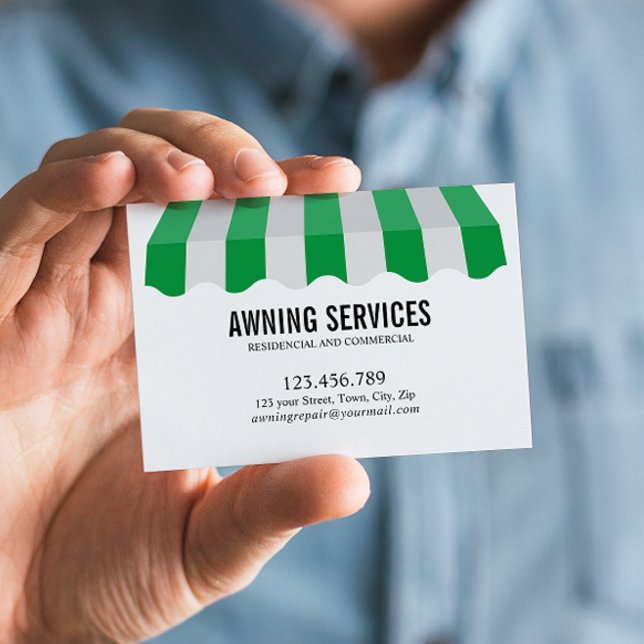 Cartão De Visita Profissional de limpeza de serviços de reconhecime (Stylish Green and White Striped Awning Business Card: Name in Clean Sans Serif Font")