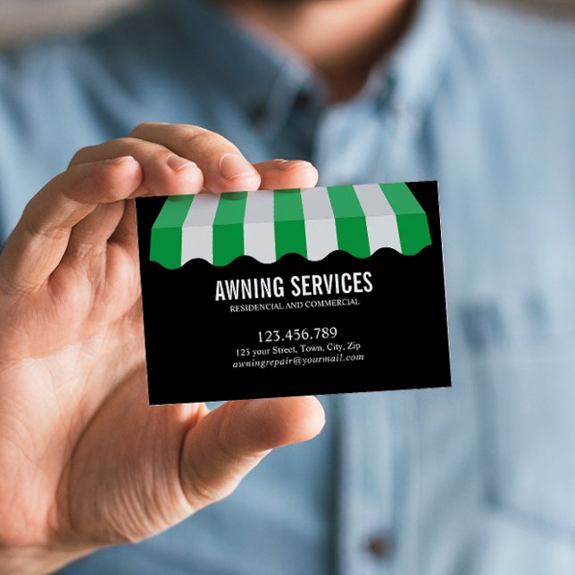 Cartão De Visita Profissional de limpeza de serviços de reconhecime (Striped Green and White Awning Business Card: Sleek Sans Serif Name in White Font)