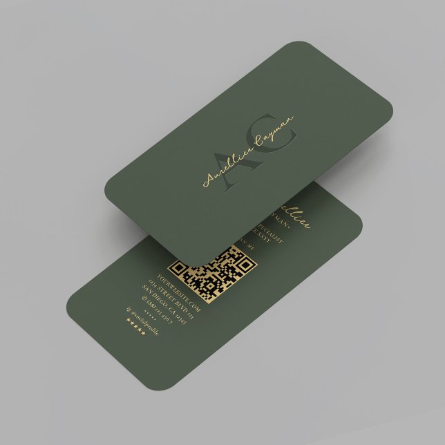 Cartão De Visita Profissional de Monograma Dourado Verde de Motos M (Modern Moss Green Gold Monogram Professional Business Card
)