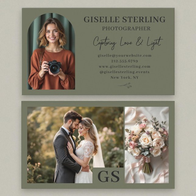 Cartão De Visita Profissional de Script de Fotografia Elegante Verd (Criador carregado)