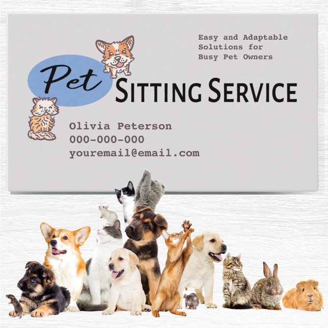 Cartão De Visita Profissional de Serviços de Sentalização de Animai (Professional Pet Sitting Service Business Card. Dog walking, small pets, animal care, cats. Promote)
