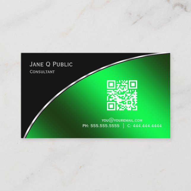 Cartão De Visita Profissional Elegante de QR Verde Brilhante Modern (Frente)