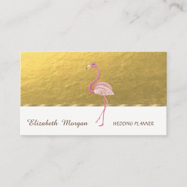 Cartão De Visita Profissional elegante, Faux Dourado, Flamingo Rosa (Frente)