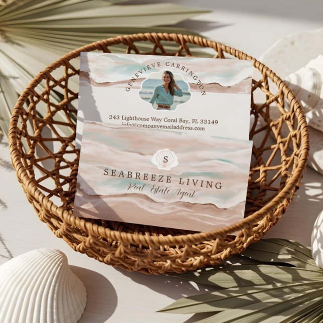 Cartão De Visita Propriedades à Beira-Mar na Praia Costal Foto Imóv (Watercolor Costal Beach Shoreline Real Estate Business Card)