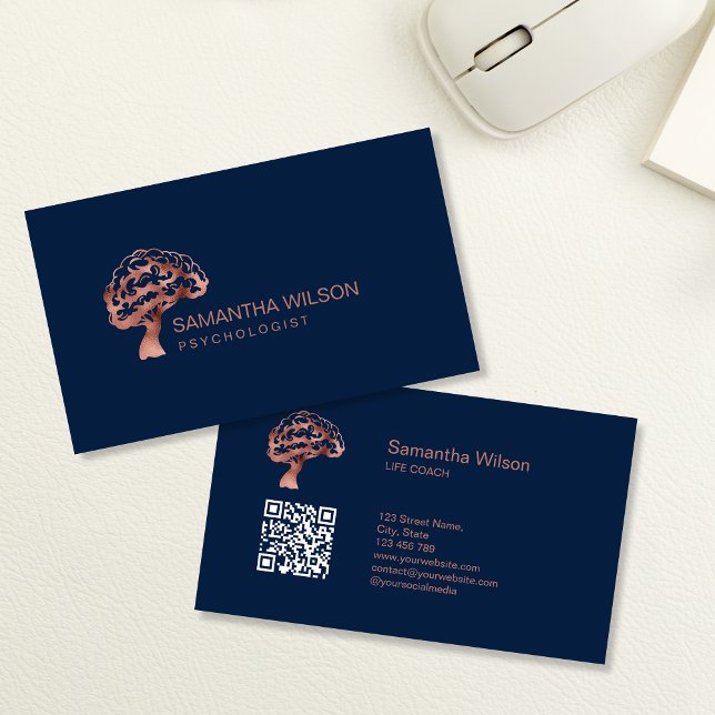 Cartão De Visita Psicólogo cerebral Terapêutica Psiquiatra Código Q (ROSE GOLD BRAIN TREE LOGO)