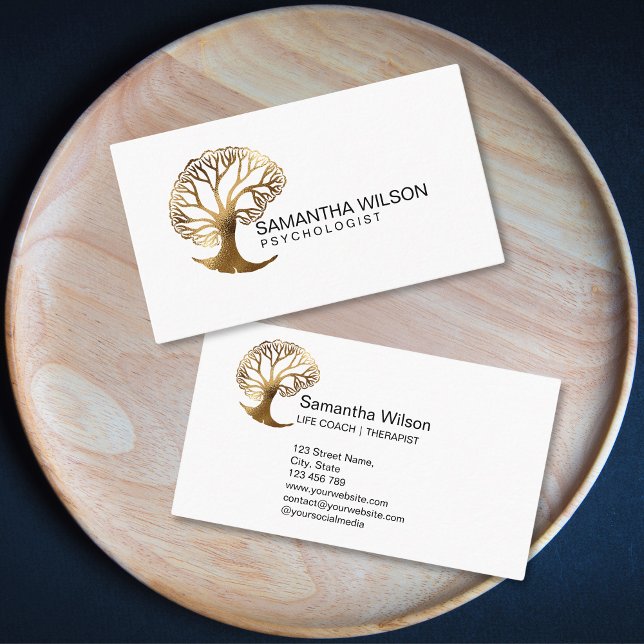 Cartão De Visita Psicólogo Terapista de Vida Treinador Psiquiatra (gold brain tree logo business card)