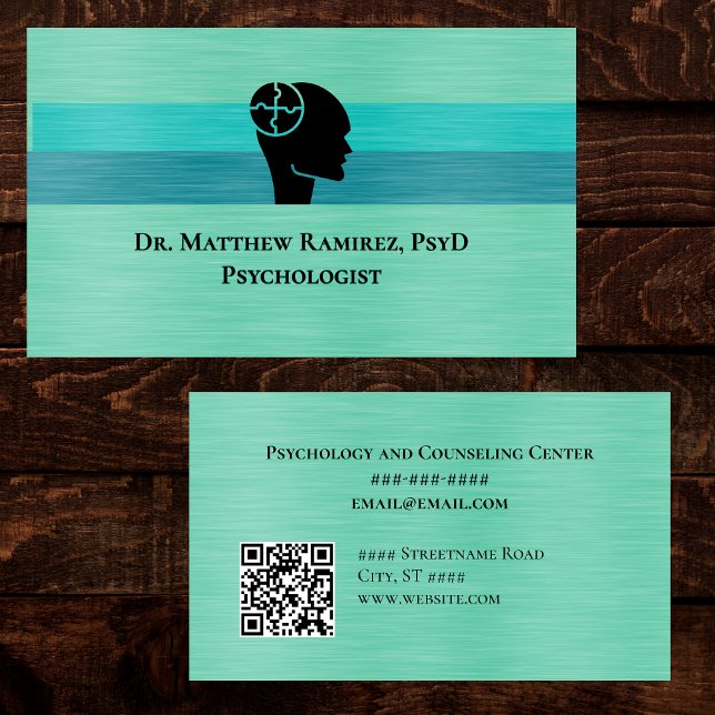Cartão De Visita Psychologist Psychiatrist Teal Faux Metal QR Code (Criador carregado)