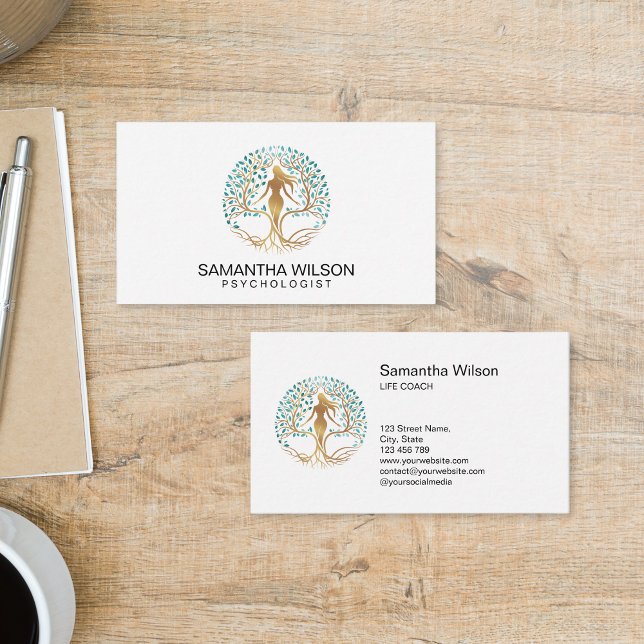Cartão De Visita Psychologist Therapist Life Coach Tree of Life (woman silhouette in the tree of life, life coach and personal growth business cards)