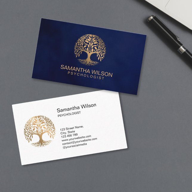 Cartão De Visita Psychologist Therapy Counselor Psychiatrist Brain  (brain incorporated in the circle tree shape, gold therapist logo design)