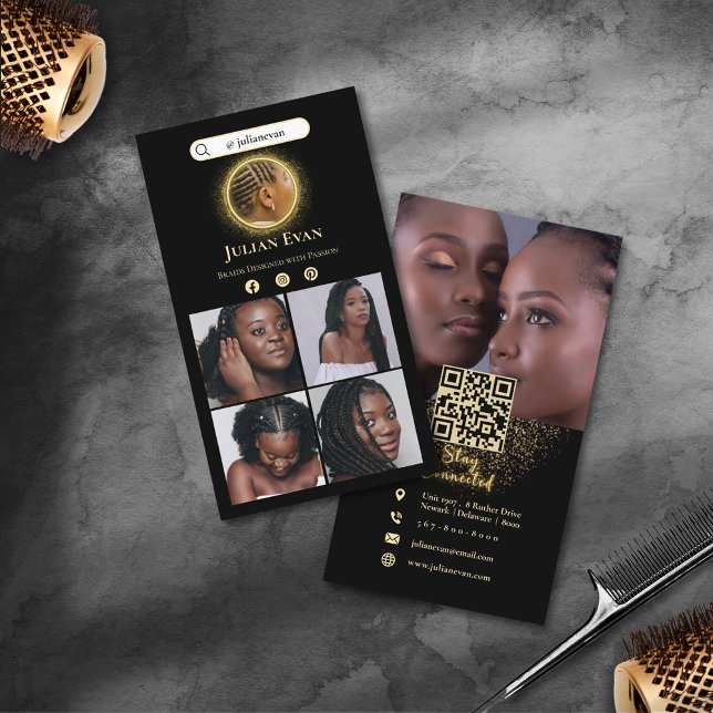 Cartão De Visita Pulverização Dourada do Cabelo Africano (Instagram Glitter Gold African Hair Braiding Business Card)