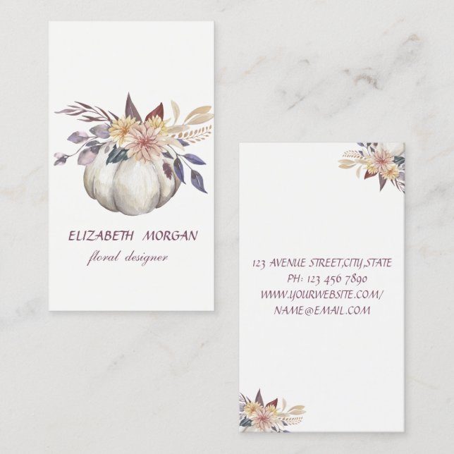 Cartão De Visita Pumpkin Floral Clássico Moderno de Aquarela,Branco (Frente/Verso)