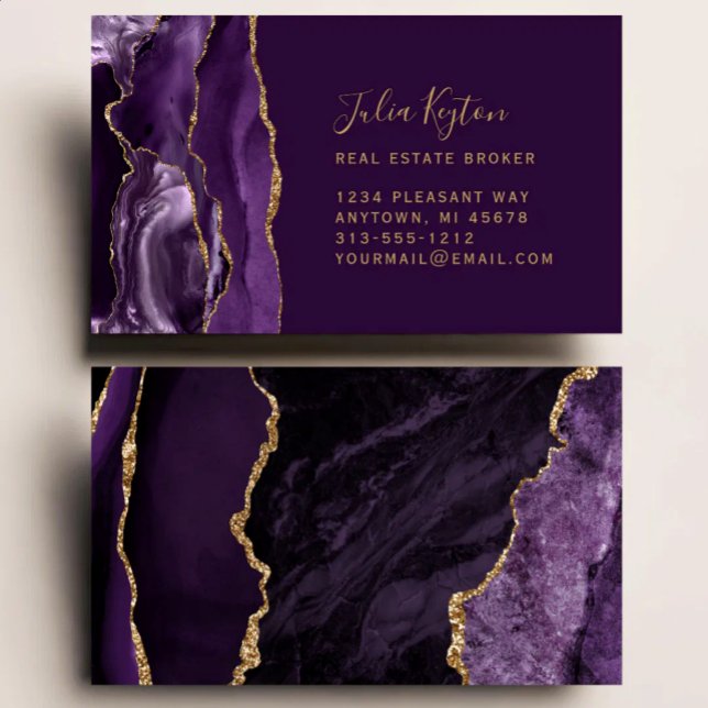 Cartão De Visita Purple Agate Geode Gold Glitter Real Estate (Criador carregado)