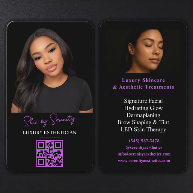 Cartão De Visita Purple Esthetician QR Code Luxury Black Beauty (Criador carregado)