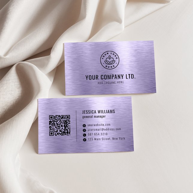 Cartão De Visita Purple Faux Brushed Metal Professional QR Code (Criador carregado)