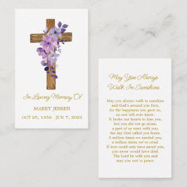 Cartão De Visita Purple flower Cross Memorial Funeral Prayer Card