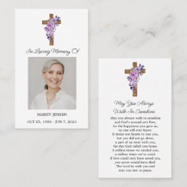 Cartão De Visita Purple Flower Cross Photo Funeral Prayer Card