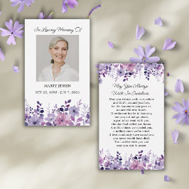 Cartão De Visita Purple Flower Memorial Photo Funeral Prayer Card
