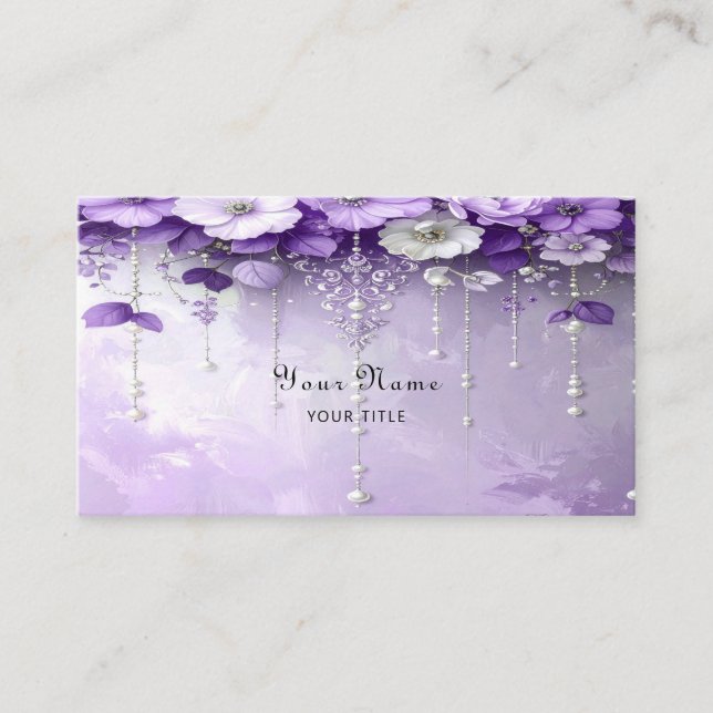 Cartão De Visita Purple Flowers with Dangling Pearls Business Card (Frente)