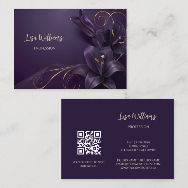Cartão De Visita Purple Lily Luxury | Flores 3D (Frente/Verso)
