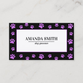 Cartão De Visita Purple Paw Prints Black Dog Groomer Business Card
