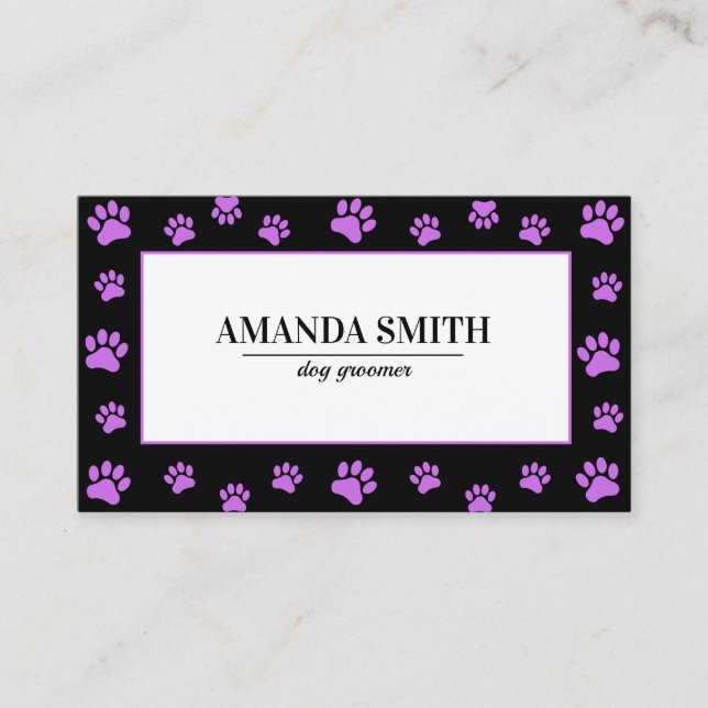 Cartão De Visita Purple Paw Prints Black Dog Groomer Business Card (Frente)