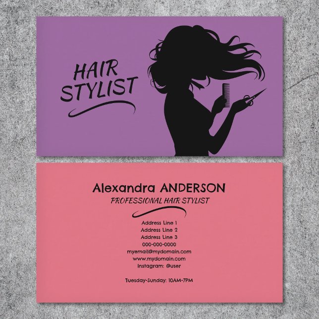 Cartão De Visita Purple & Pink - Hair Stylist (Purple & Pink - Hair Stylist Business Card)