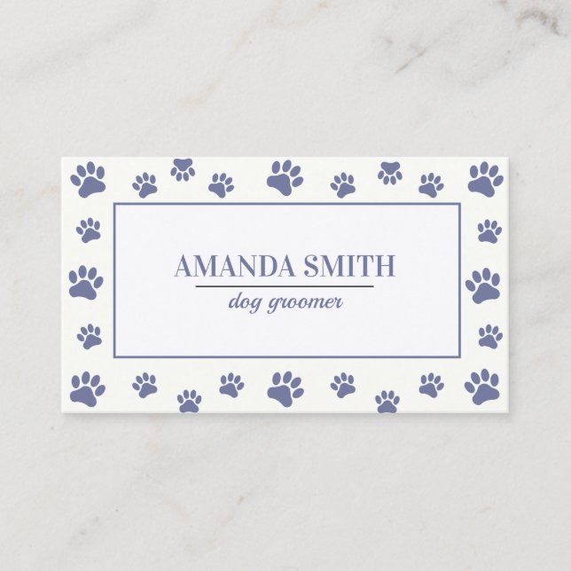 Cartão De Visita Purple White Paw Prints Dog Groomer Business Card (Frente)