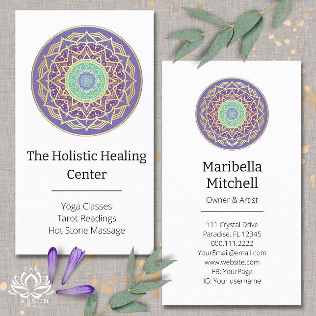 Cartão De Visita Púrpura Turquesa Dourada Mandala Metafísica (Criador carregado)