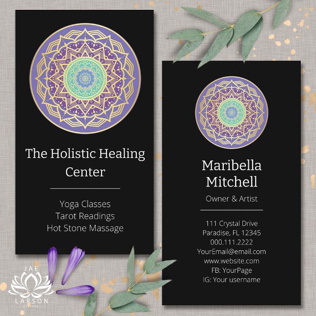 Cartão De Visita Púrpura Turquesa Dourada Mandala Metafísica (Criador carregado)