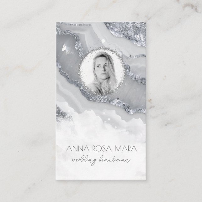 Cartão De Visita *~* QR Agate Marble PHOTO LOGO SILVER AP66 Cinza (Frente)