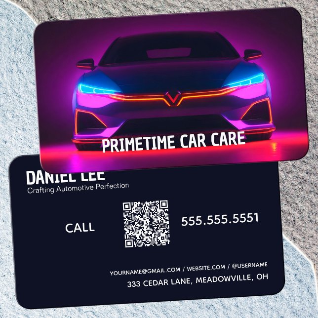 Cartão De Visita 🚨 QR Auto Detailer Neon (QR Auto Detailer Neon Business Cards)