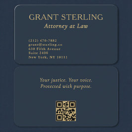 Cartão De Visita QR Code Attorney at Law Navy Blue Gold 