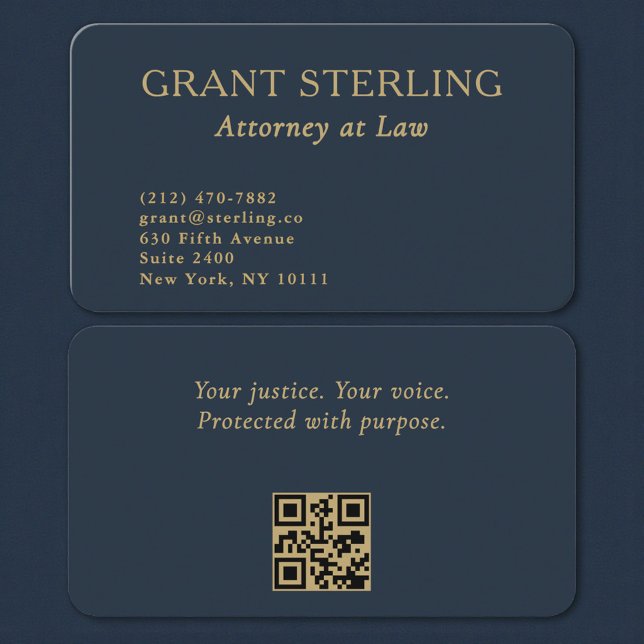 Cartão De Visita QR Code Attorney at Law Navy Blue Gold  (Criador carregado)