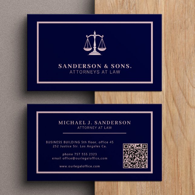 Cartão De Visita QR code attorney lawyer professional rosegold navy (Criador carregado)