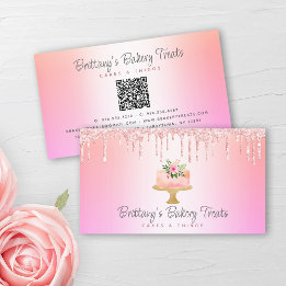Cartão De Visita QR Code Bakery Pink Cake Glitter Rainbow Ombro
